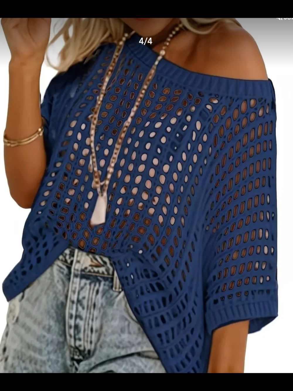 Off-Shoulder Navy Crochet Tunic Top